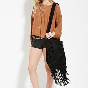 "Raina" Fringed Black Suede Messenger Bag